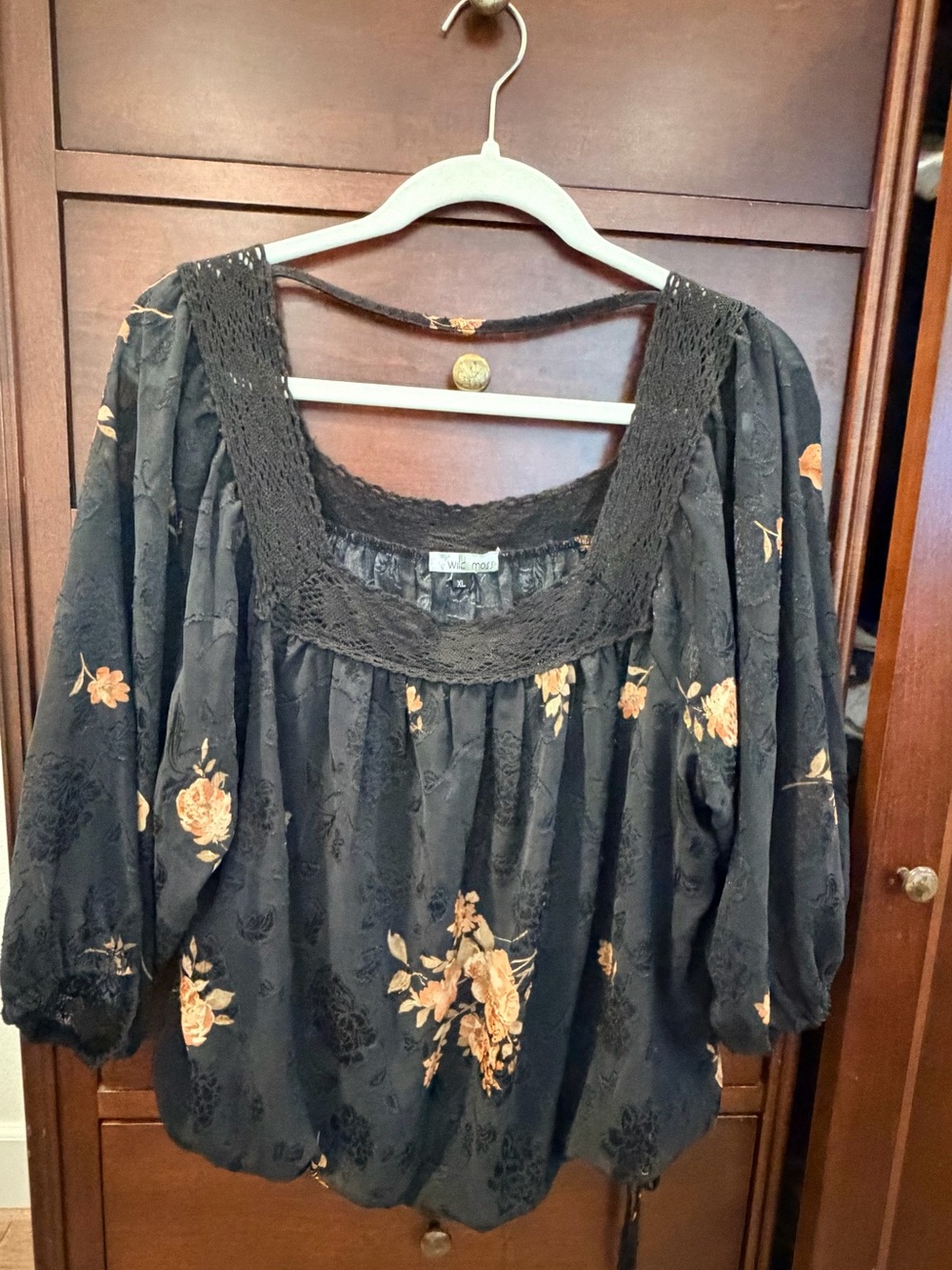 Black Floral Peasant Blouse with Crochet Square Neckline